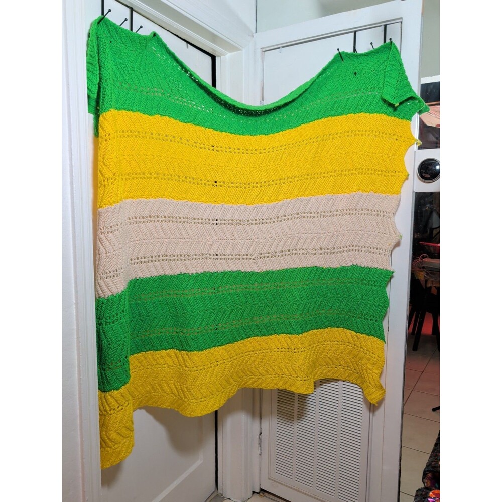 Handmade Knit Crochet Throw Blanket 50x70 Green Yellow Cream Retro Boho Afghan